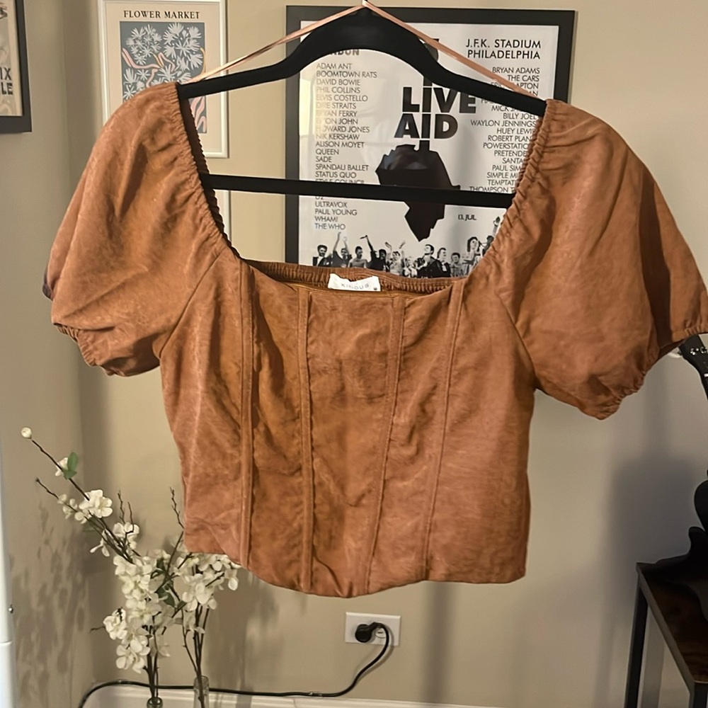 Kirious LA Light Brown Puffy Sleeves Corset Crop Top